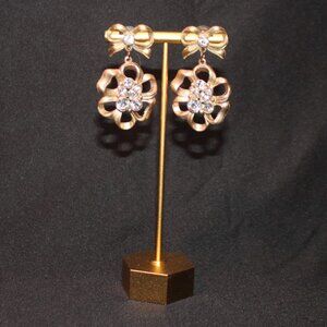 Golden Floral Fashion Earrings with Bow and Rhinestones